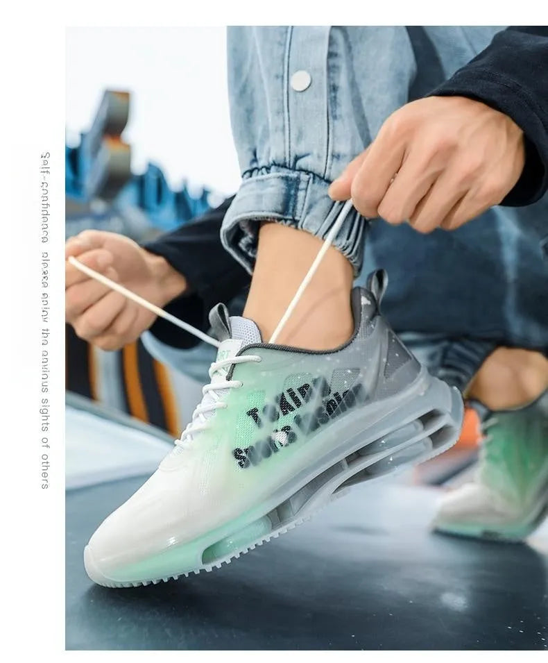 Men's black and green casual running shoes with mesh uppers, a platform sole, and round toe.