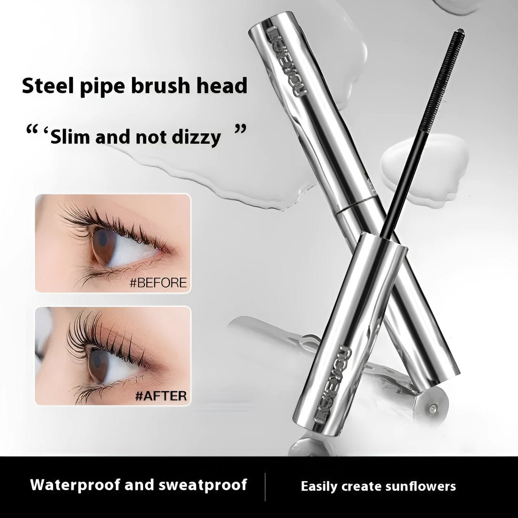 Black waterproof mascara in a steel tube, shown with an eyelash curler option.