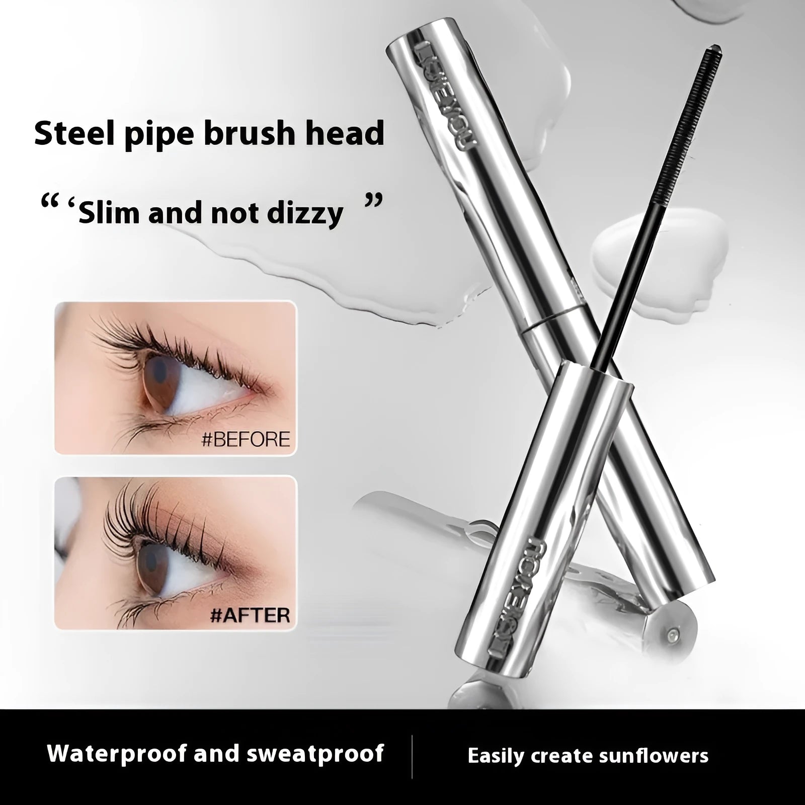 Black waterproof mascara in a steel tube, shown with an eyelash curler option.