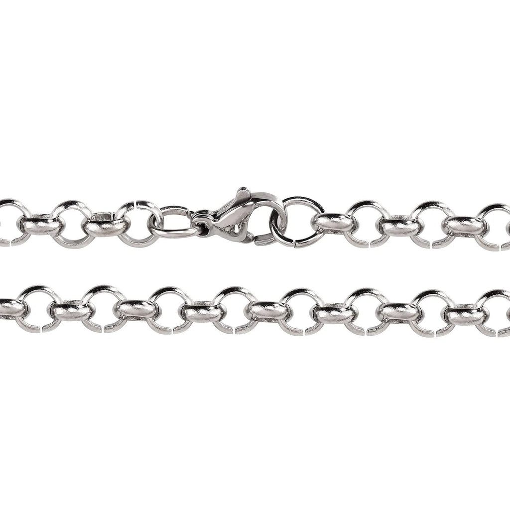 Silver stainless steel men's punk ring buckle necklace with O-ring chain and copper zircon pendant on display
