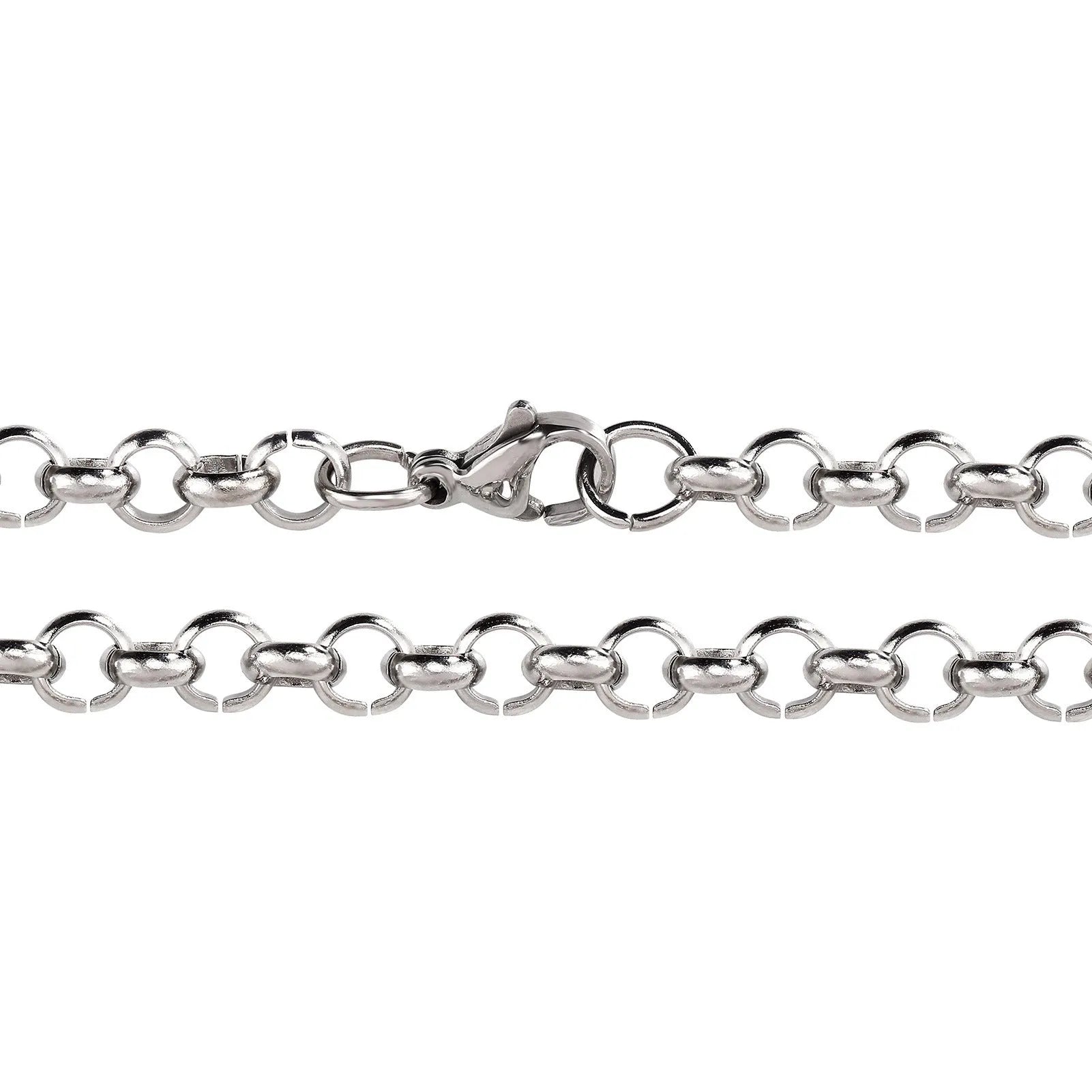 Silver stainless steel men's punk ring buckle necklace with O-ring chain and copper zircon pendant on display