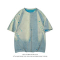 Grey men's loose ripped short sleeve cotton blend t-shirt on a hanger.