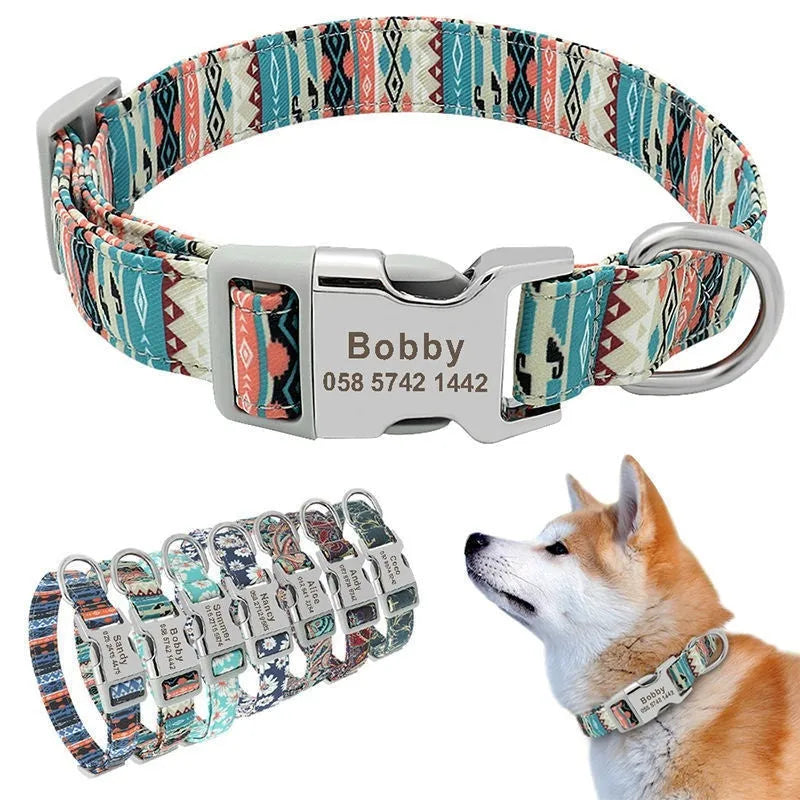 Striped canvas dog collar with metal release buckle in bohemian blue colour option