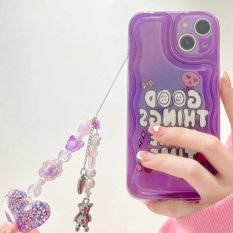 Purple English graffiti love pendant iPhone 14 mobile phone case with bracelet attachment and TPU soft shell construction