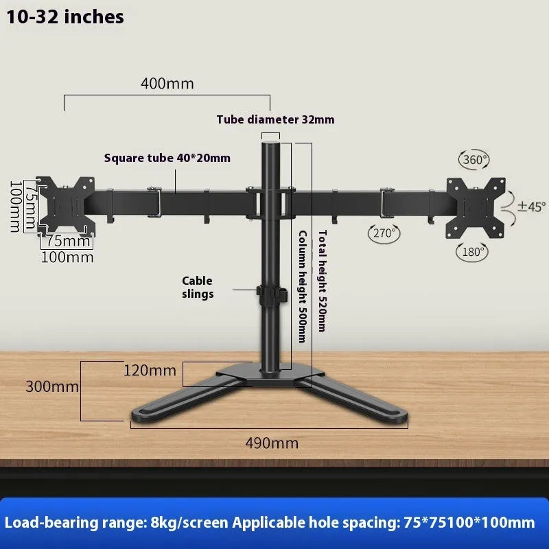 Dual-screen display riser base bracket with horizontal and vertical rotation, cold rolled steel construction, black base