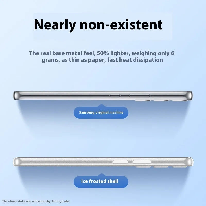 Ultra-thin transparent Samsung phone case with frosted PC finish, all-inclusive border, and bracket in translucent white or black.