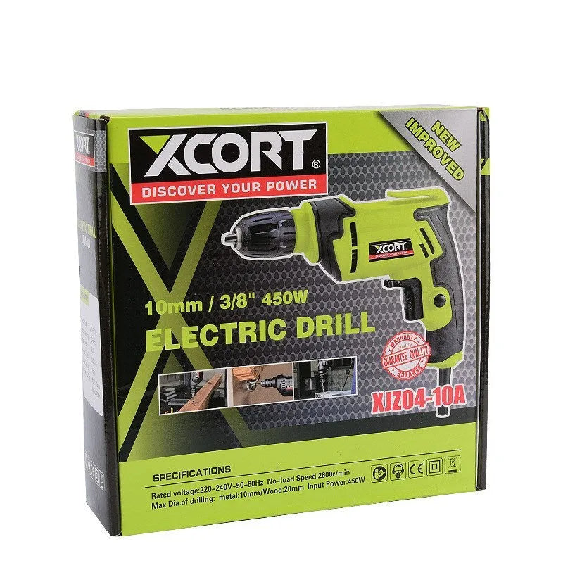 Pistol-grip high-speed 450W electric drill with a black and silver body and keyless chuck.