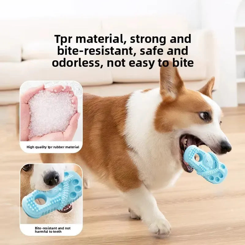 Blue rubber dog chewing toy shaped like a slipper with textured surface for dental cleaning