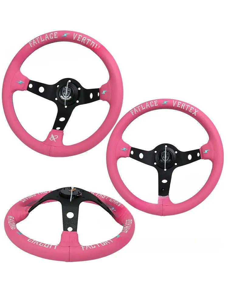 Pink leather steering wheel cover with embroidery detail and aluminium bracket