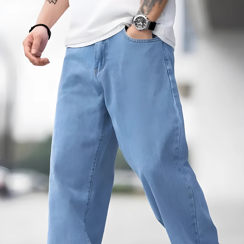 Men's sky blue denim loose straight casual trousers with zipper fly