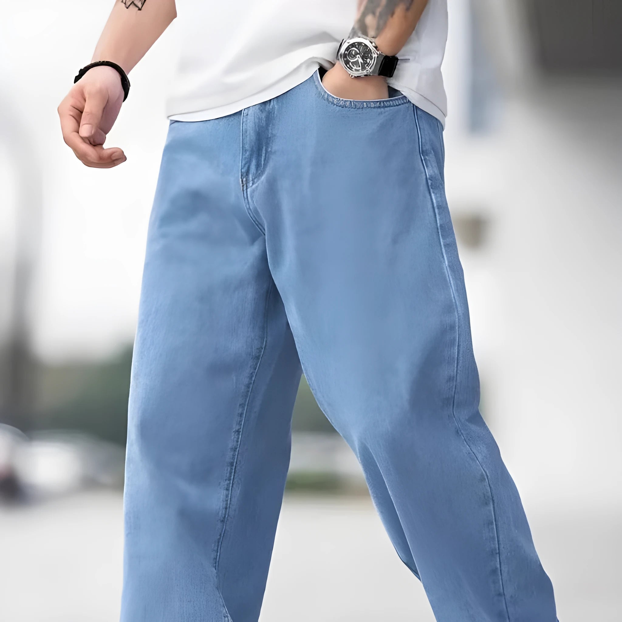 Men's sky blue denim loose straight casual trousers with zipper fly