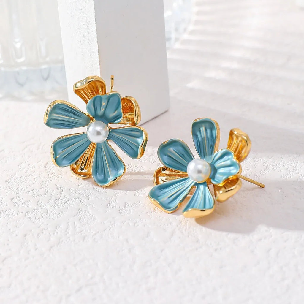 Flower pearl light luxury earrings for women in ER1297 colour with alloy build and electroplated finish