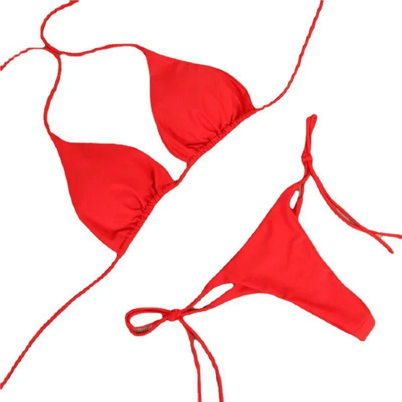Halter neck tie bikini in milk silk fabric with split ties, available in multiple colours and sizes for women