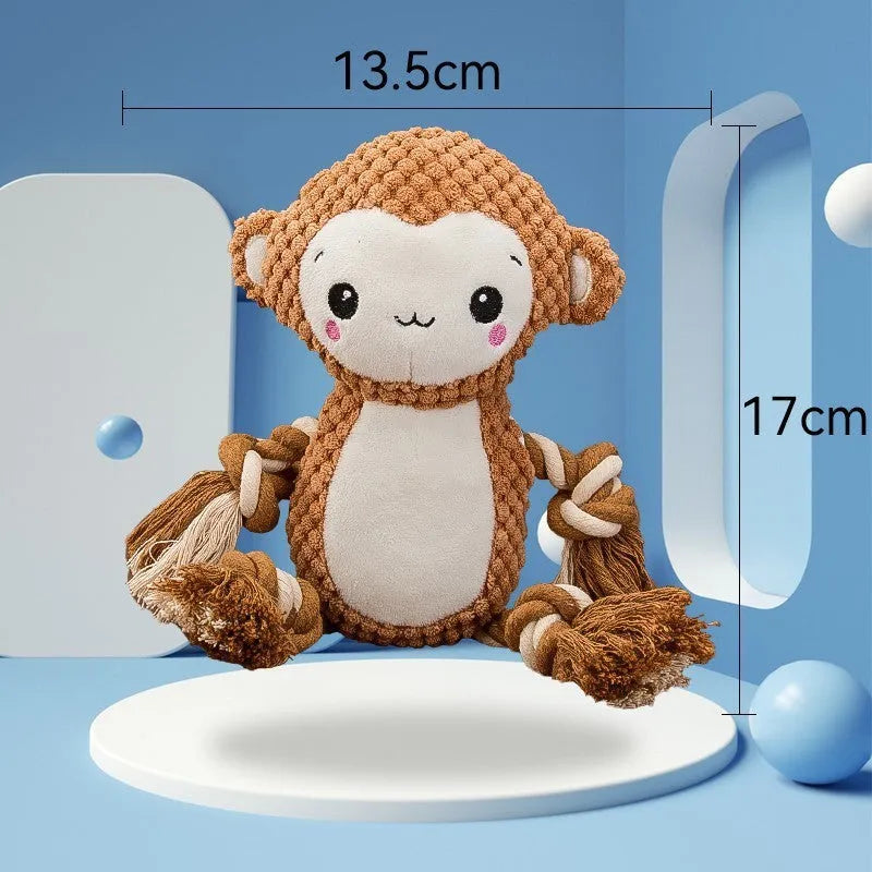 Lion and monkey plush squeaky dog toys showing size comparison