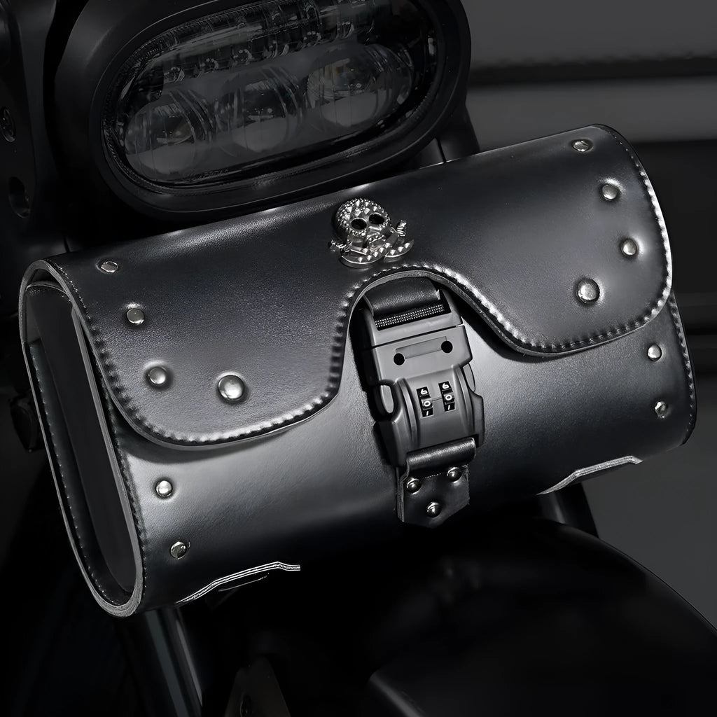 Black PU leather motorcycle pannier bag mounted on a retro bike