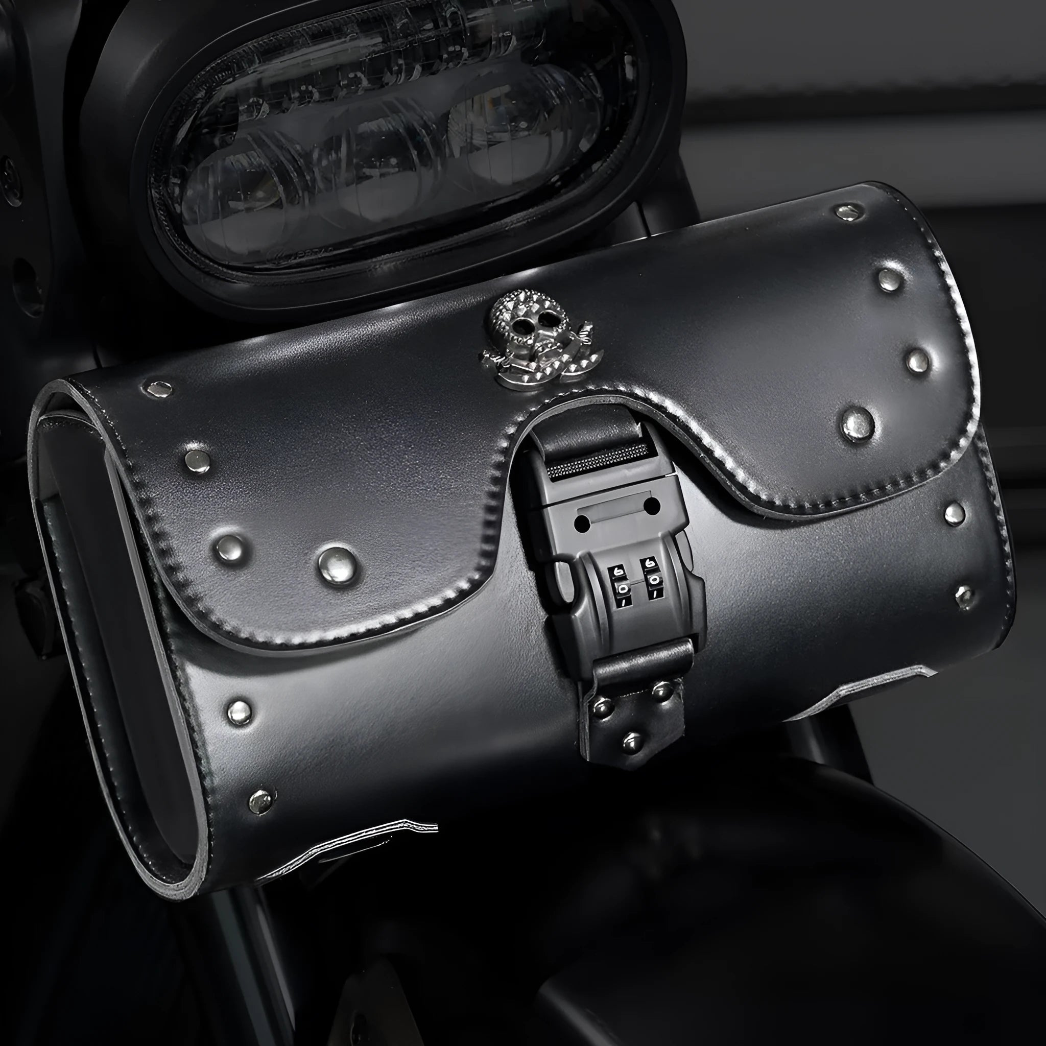 Black PU leather motorcycle pannier bag mounted on a retro bike