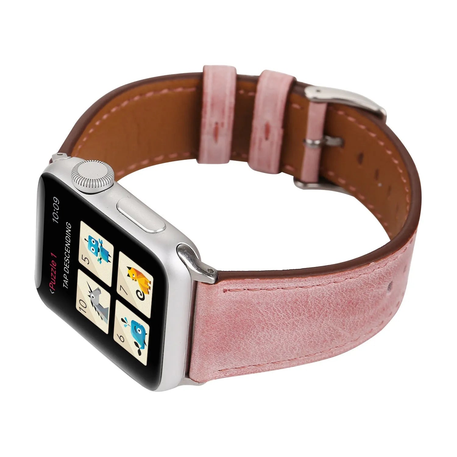 Genuine leather watch strap with a folding buckle, shown in one of six available colours.
