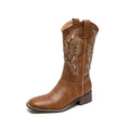 Brown women's embroidered mid-calf Martin boots with a waterproof platform and square heel