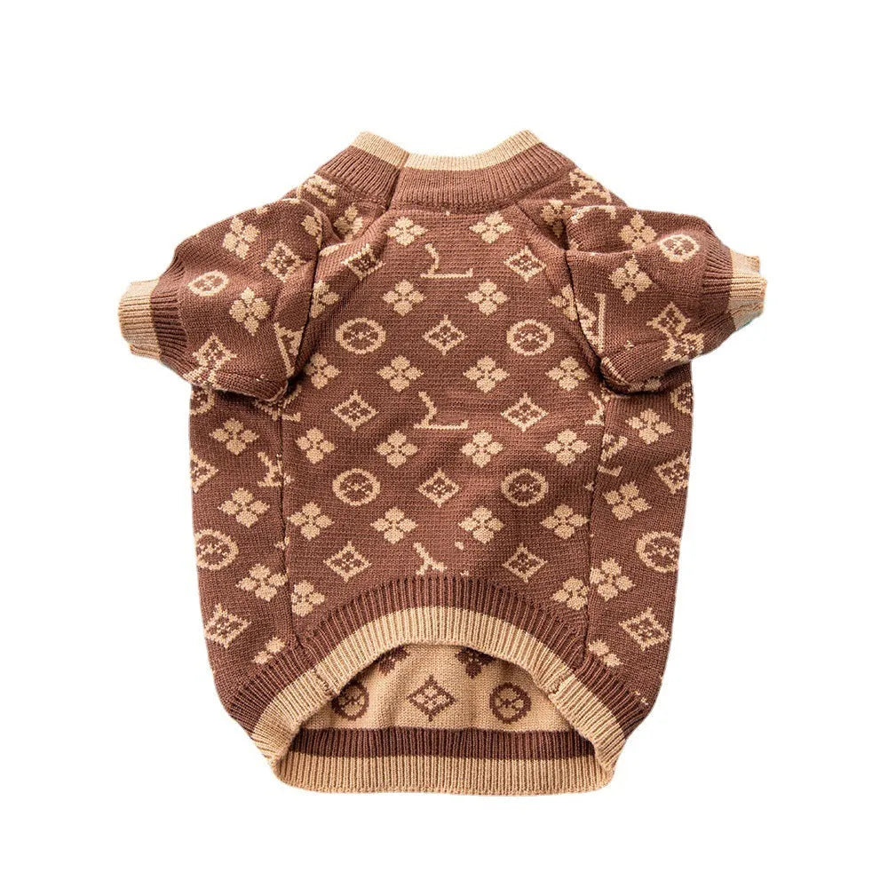A thick wool dog sweater shown in a choice of monochrome or two-tone colours, sized from XS to XXL.