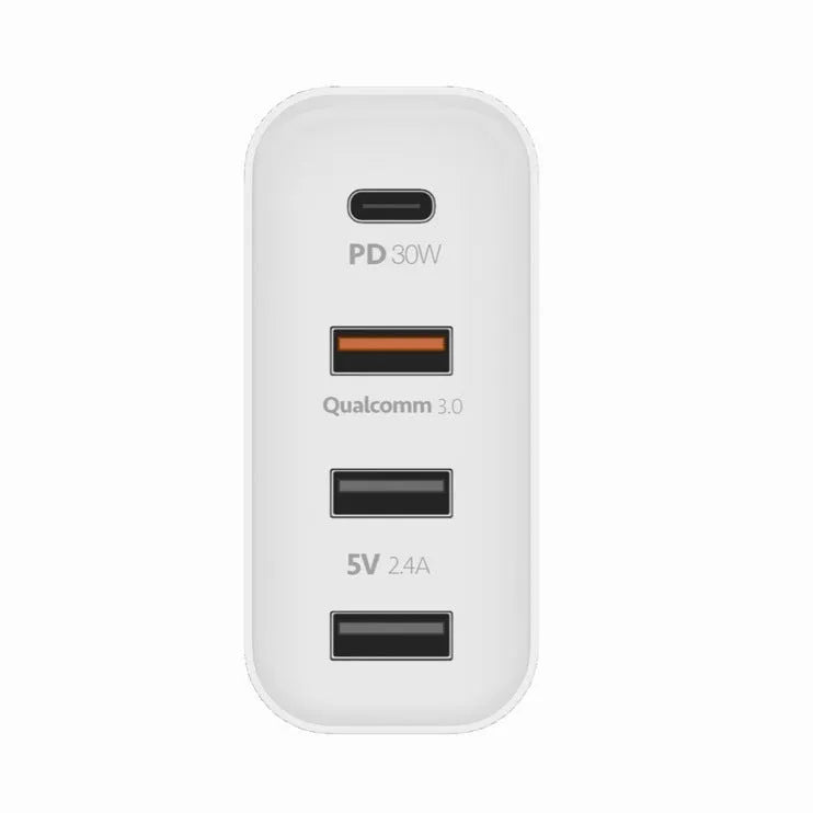 Black four-port USB-C wall charger with UK, US, EU, and AU plug adaptors on a white background.