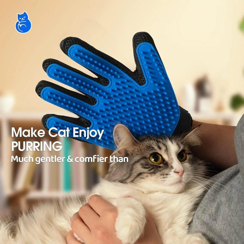 Blue pet grooming gloves with silicone grooming tips for dogs and cats