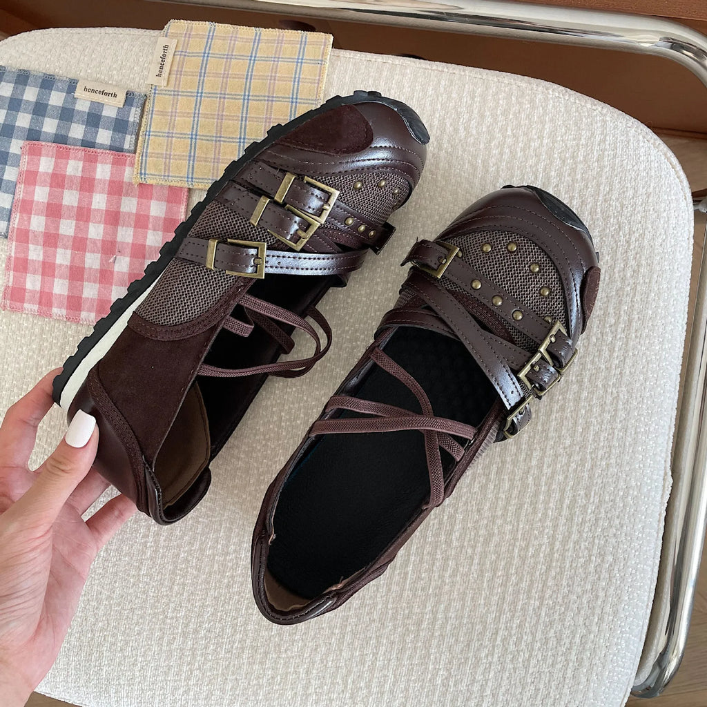 Ballet flat bottom pumps for women – flat heel round toe shallow mouth in brown, with buckle detail