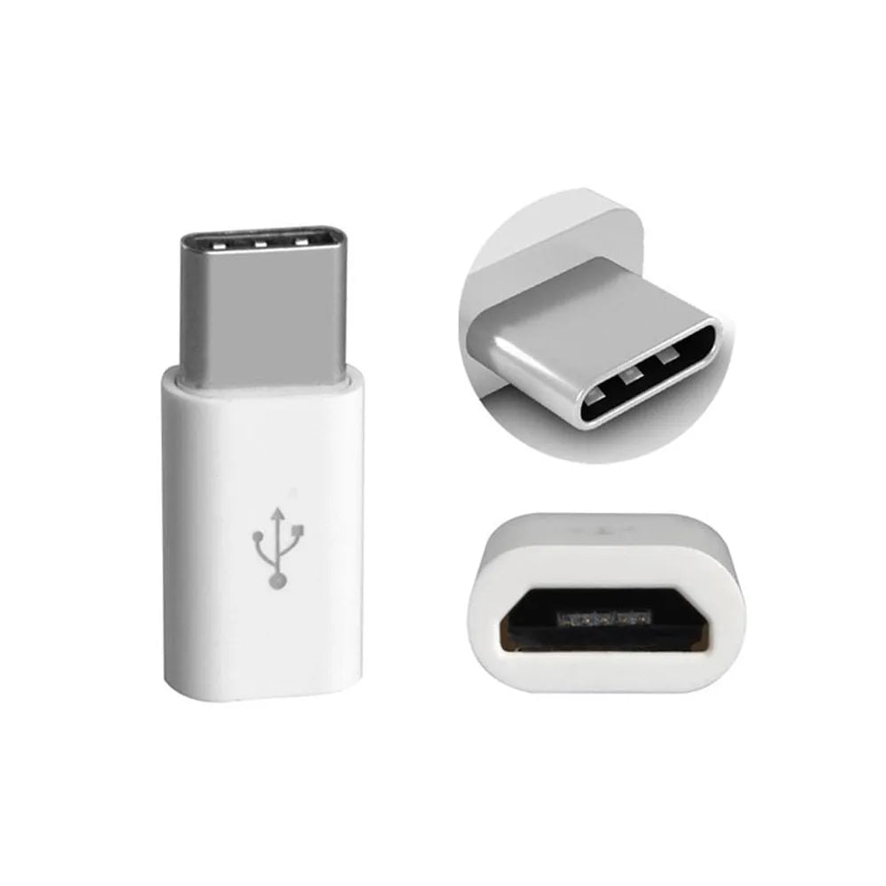 Micro USB to USB C adapter in black, compact size, with micro USB male and USB C female ends