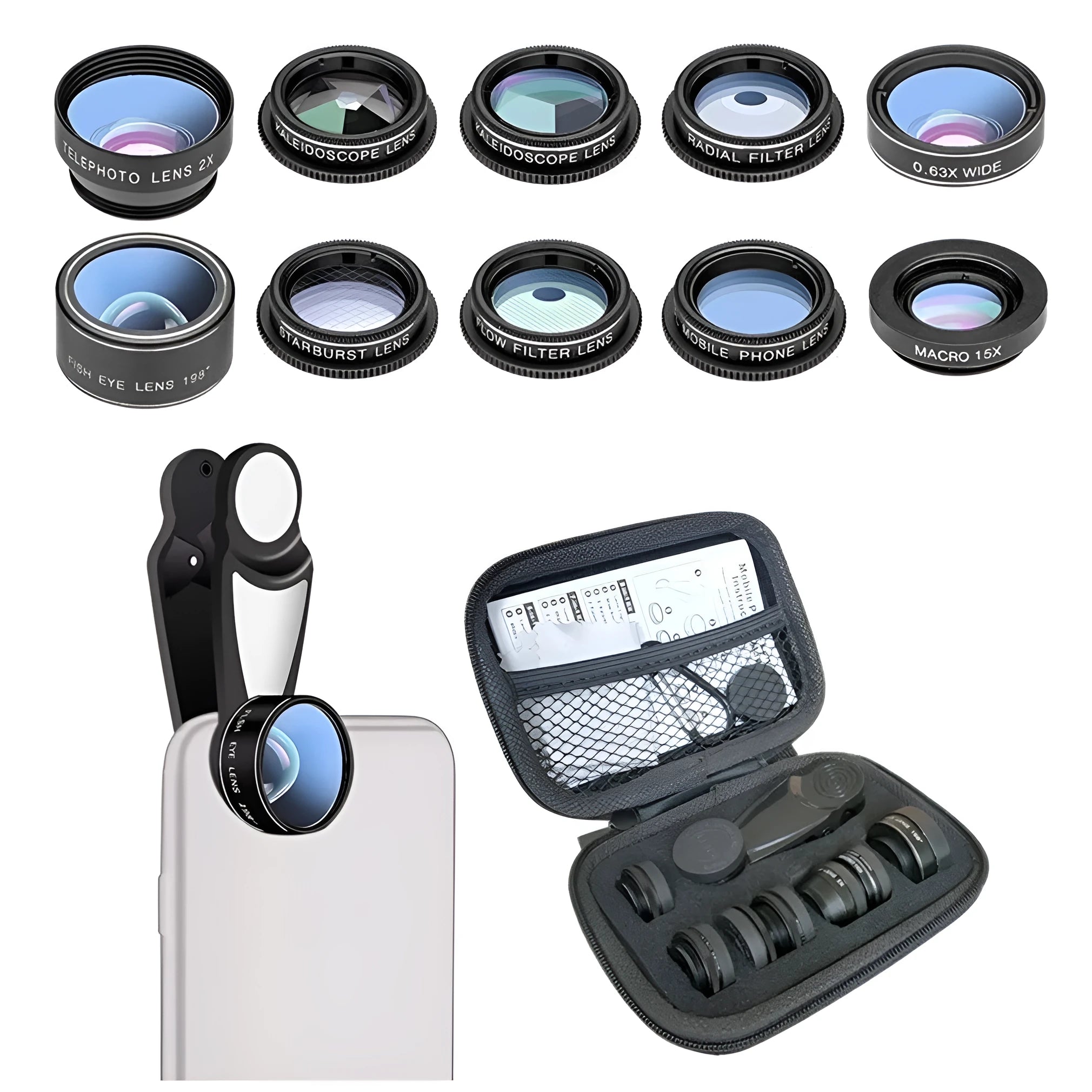 Ten-in-one mobile phone camera lens set with black aluminium-magnesium alloy housing and HD glass optics