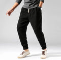 Irukite men's high waist loose fit winter trousers in black with plus velvet lining and belt
