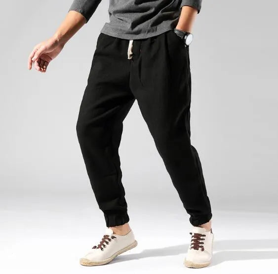 Irukite men's high waist loose fit winter trousers in black with plus velvet lining and belt