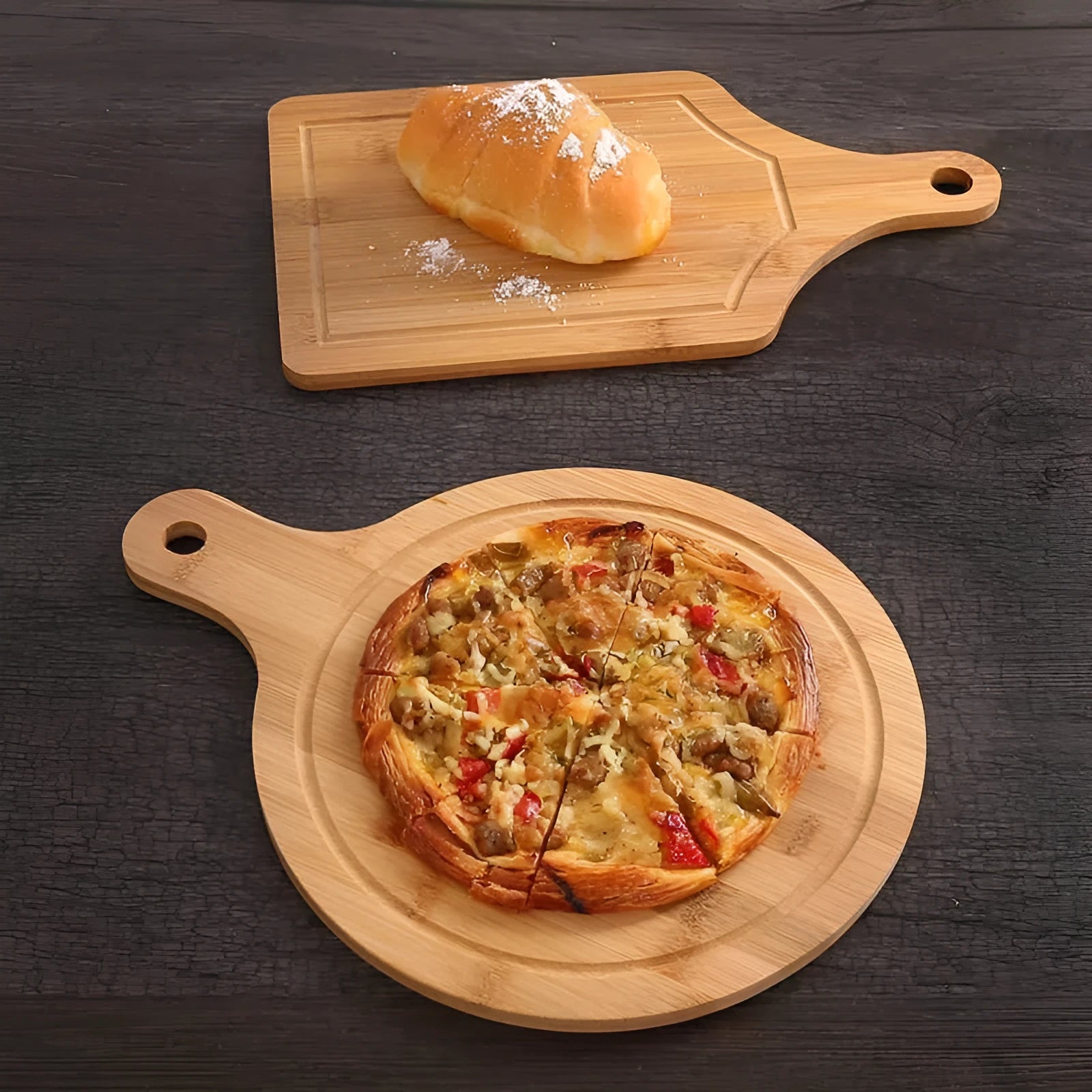 Bamboo fibre multipurpose chopping board pizza board 33x18cm on kitchen counter
