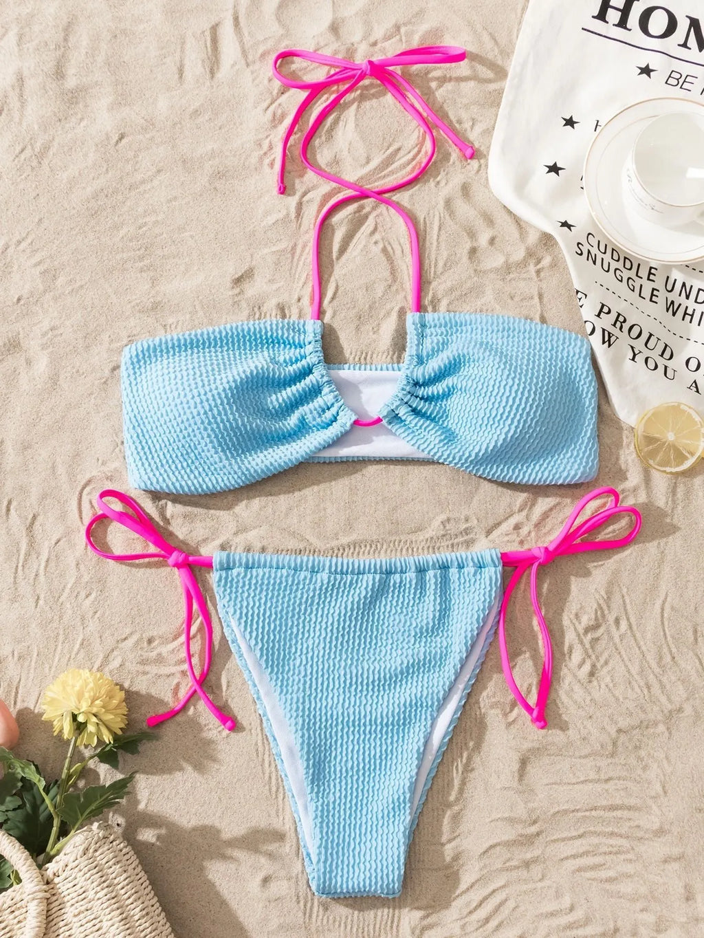 Women's halter neck separated swimsuit with lace-up detail and backless design in solid colour