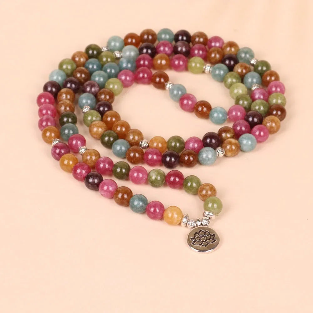 108 bead multi-layer bracelet with lotus hanging ornament in tourmaline colour