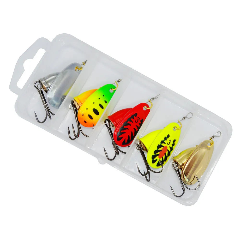 R composite rotating sequin copper bell metal fishing lure in seven metallic colour options.