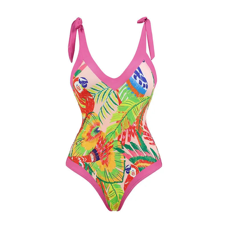 Pink floral print retro one-piece swimsuit with V-neck, covered belly, and thin skirt swim dress design