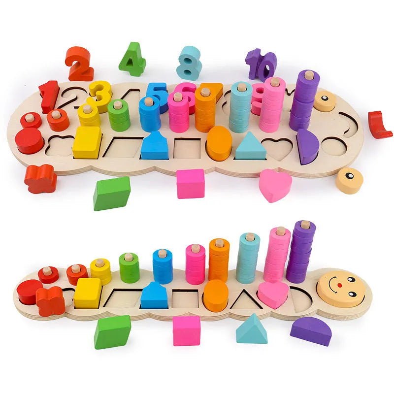 Wooden logarithmic board with colourful numbers geometric figures and beads for early childhood education