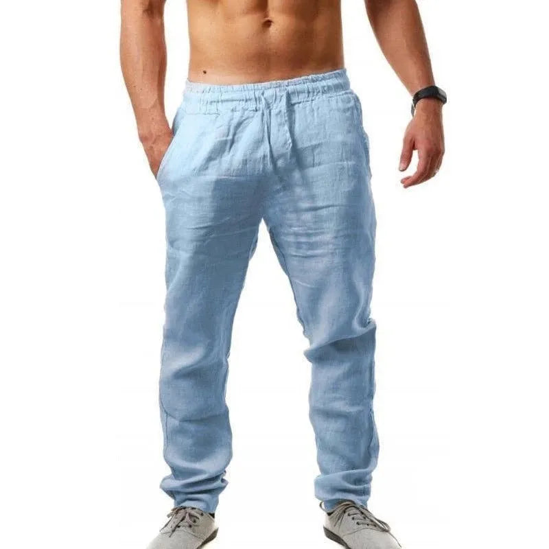 Breathable cotton linen loose casual sports trousers mid-waist with drawstring belt, khaki colour