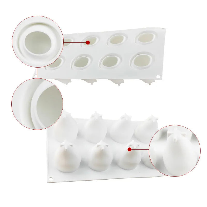 Six-cavity silicone baking mould for making pineapple and pine cone shaped desserts