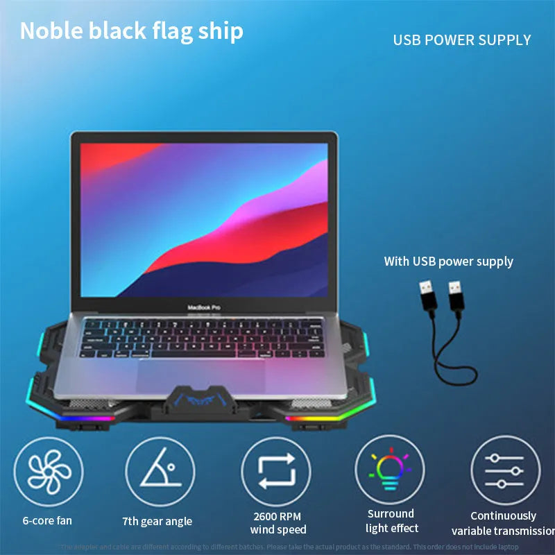 Laptop cooling pad with six fans, RGB lighting, and seven height adjustments for 12-21 inch notebooks