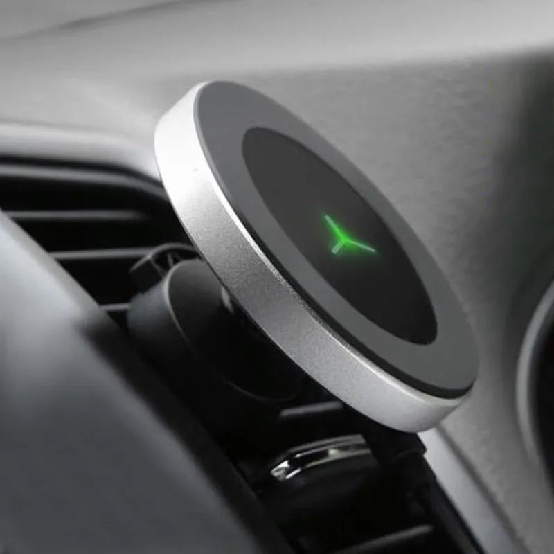 Car magnetic mobile phone holder with 360 degree rotation and wireless charging in black aluminium alloy