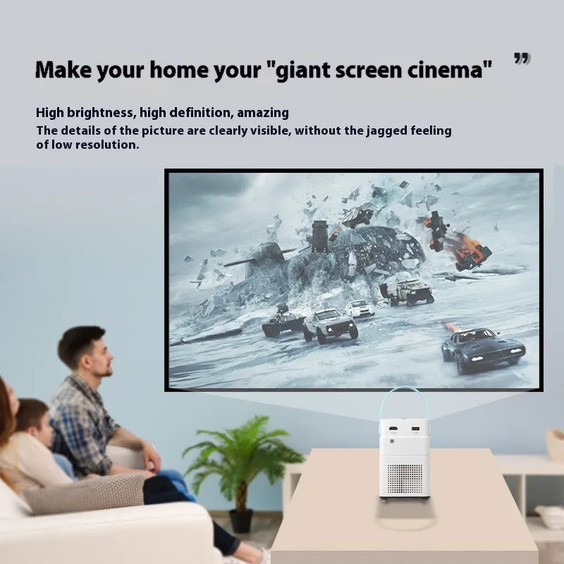Smart HD home projector with remote control on a wooden table