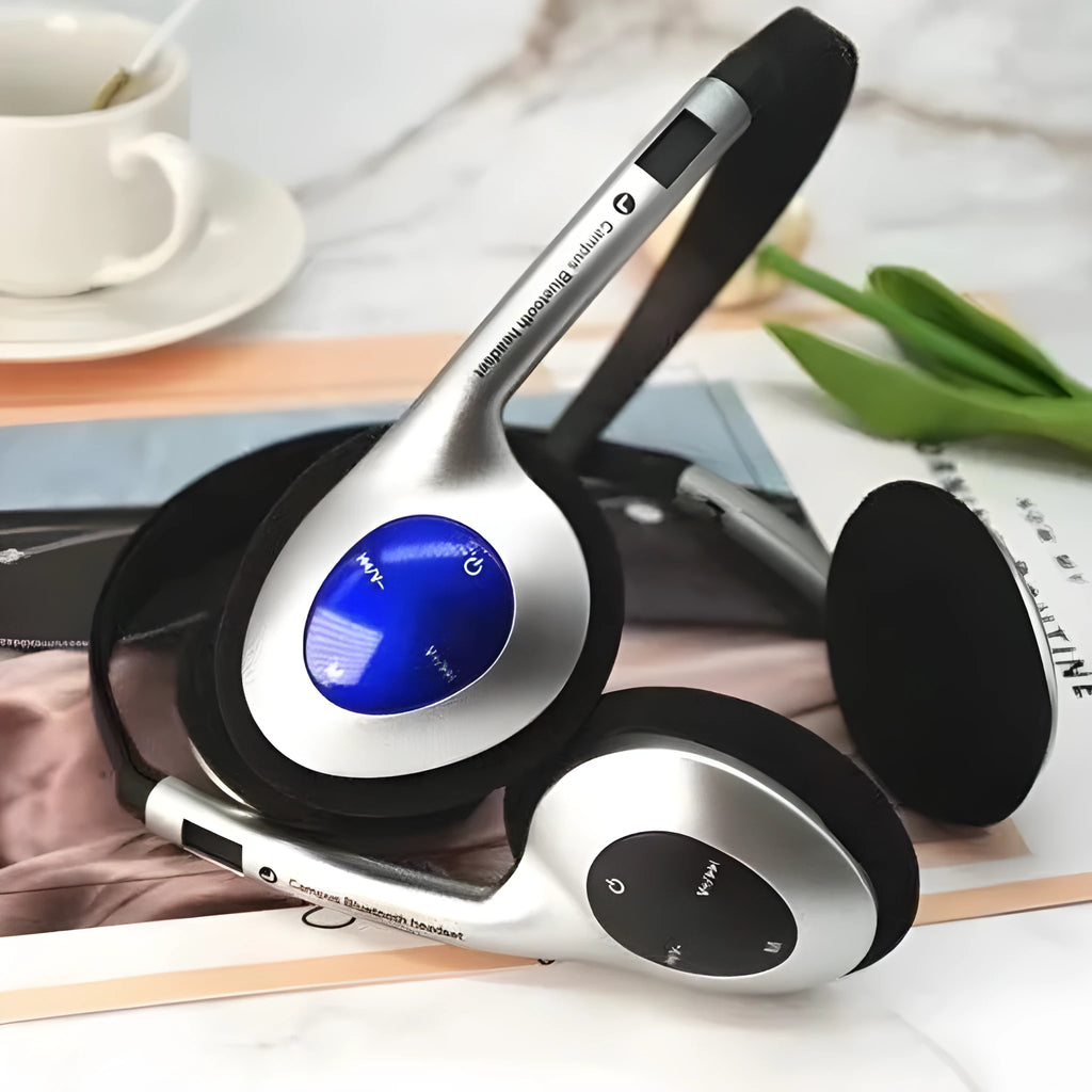 Retro wireless Bluetooth headset in black silver dotted line, lightweight over-ear design