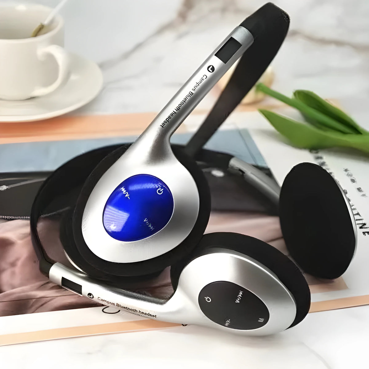 Retro wireless Bluetooth headset in black silver dotted line, lightweight over-ear design