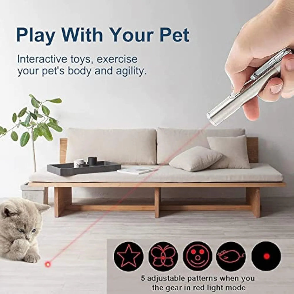 Silver aluminium cat toy pointer with USB charging showing multiple light pattern projections