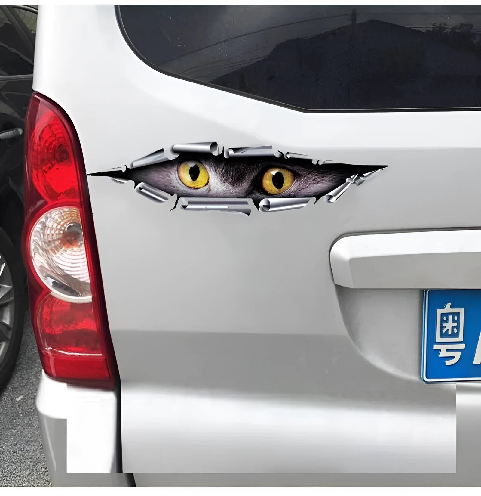 3D Tiger Eye and Eagle Eye design car bumper sticker on PVC measuring 10x35 cm.