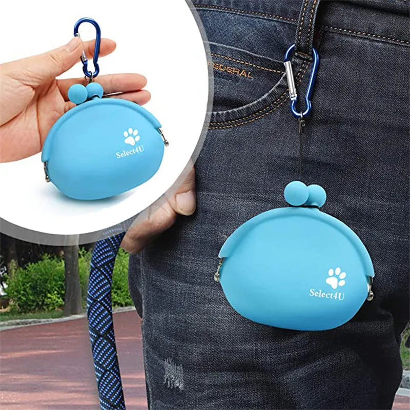 Silicone dog training treat pouch with belt clip in multiple colours.
