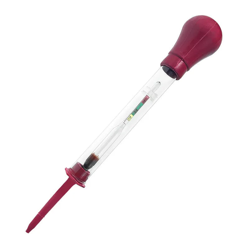 Electrohydraulic hydrometer for automobile battery testing with glass construction and suction bulb