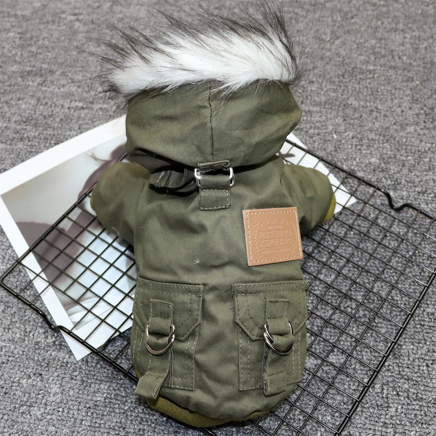 Padded cotton dog coat for small dogs in army green, quilted plain pattern