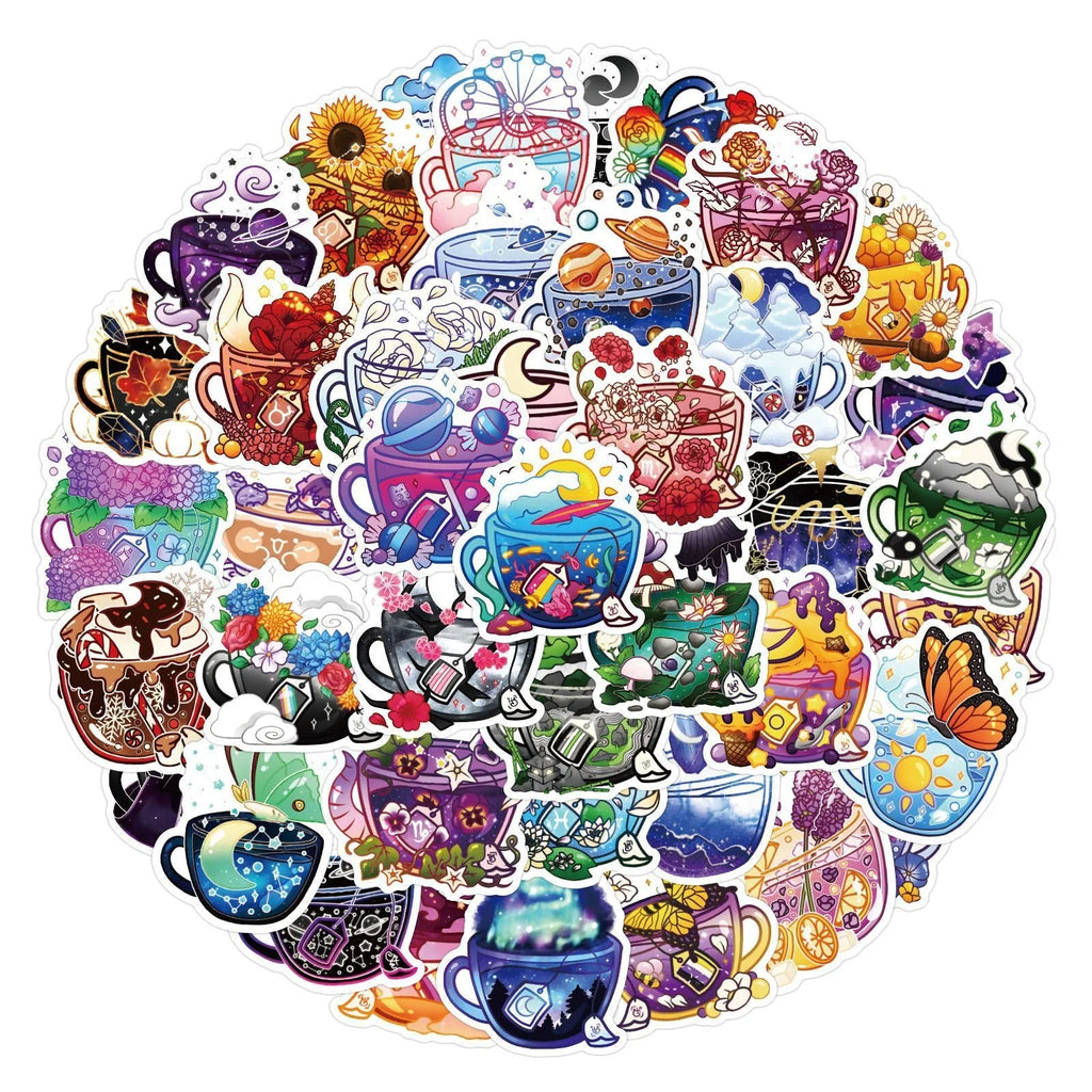 A sheet of colourful tea cup graffiti design waterproof vinyl stickers for DIY personalisation.