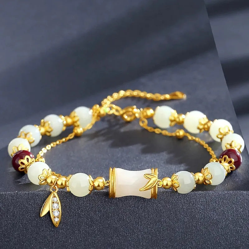 Retro bamboo design bracelet with Ruyi symbol and floral glass beads in electroplated finish